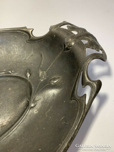 Art Nouveau pewter bowl with tendril pattern and iris tongs