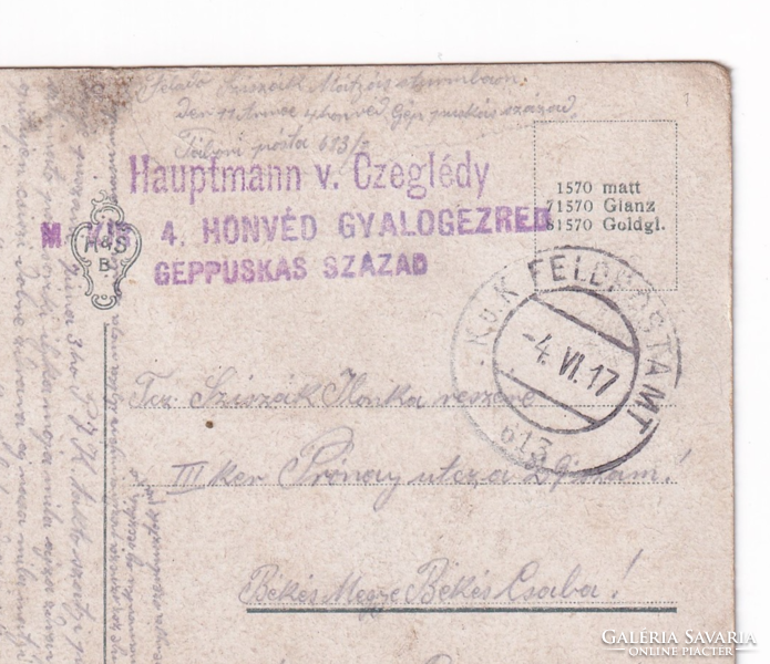 H:84 M.Kir. 4 Honvéd Gyalogezred Géppuskás század 1917 képeslap "Hauptmann v. Czeglédy"