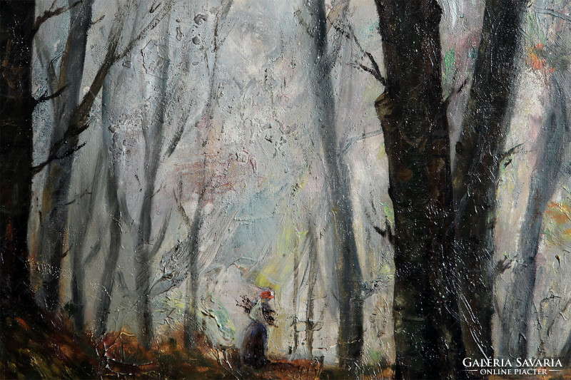 Szolnoki 1958. Rőzsehordó nő 70x56cm -- erdő tájkép erdőbelső