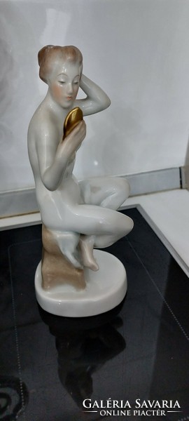 Porcelain statue of woman with mirror from Herend