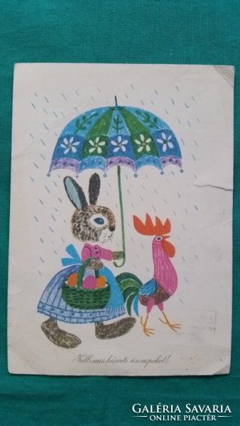 Régi húsvéti képeslap - rajz: Demjén Zsuzsa, futott