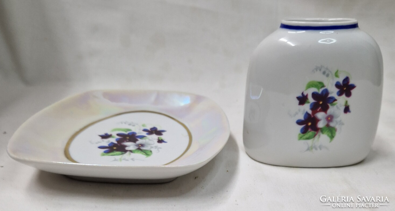 Hollóháza porcelain vase with violet pattern and bowl or ashtray are sold together in perfect condition