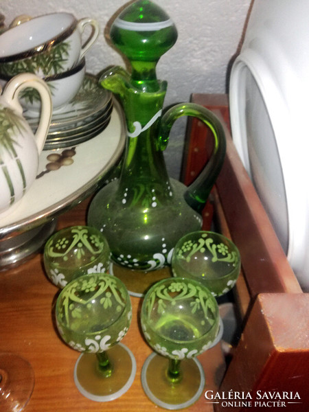 Vintage painted glass liqueur jug + 5 glasses - art&decoration