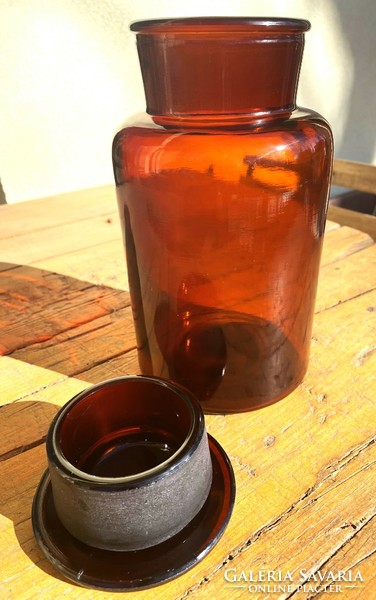Old brown large apothecary bottle, powdered glass with glass lid