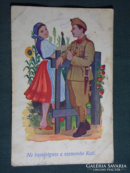 Képeslap,Postcard,artist,katona,honvéd,huszár,romantika,szerelem , 1943