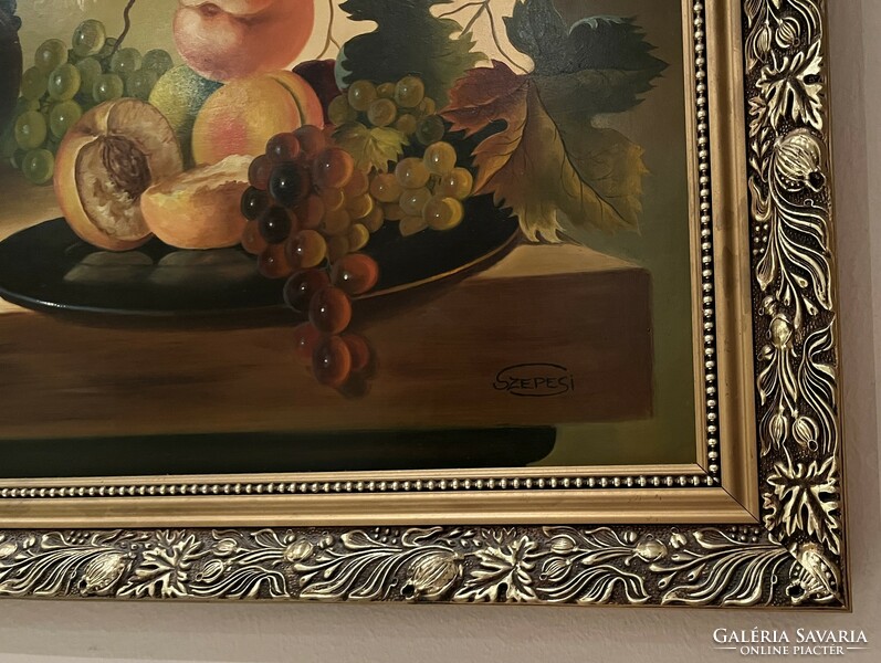 Olajfestmény: Szepesi Andor gyümölcs csendélete szignóval, szép keretben