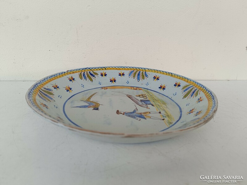 Antik delfti porcelán tányér festett ágyú militari kartona motívummal hajszálrepedt 19. század 8643