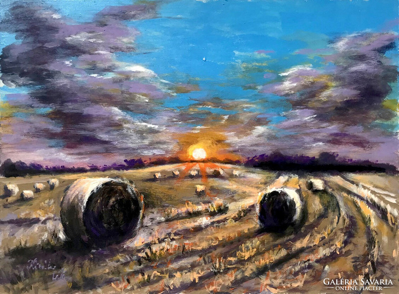 Straw bales at dusk - acrylic painting - 23.5 x 31.5 cm