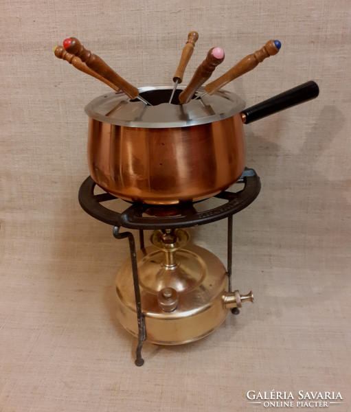 Red copper fondue pot set with copper marked Czechoslovak gasoline cooking stove in one