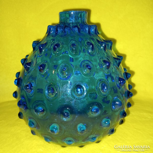 Régi, kék, bütykös, gömb üveg, díszüveg, váza.