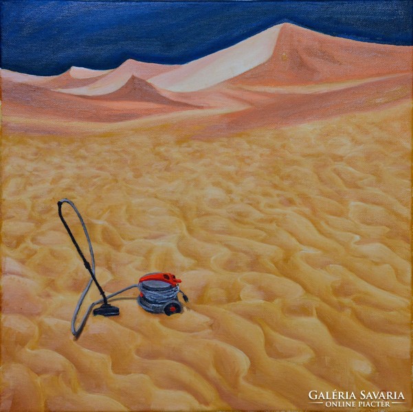 Surrealist painting, vacuum cleaner in the desert.