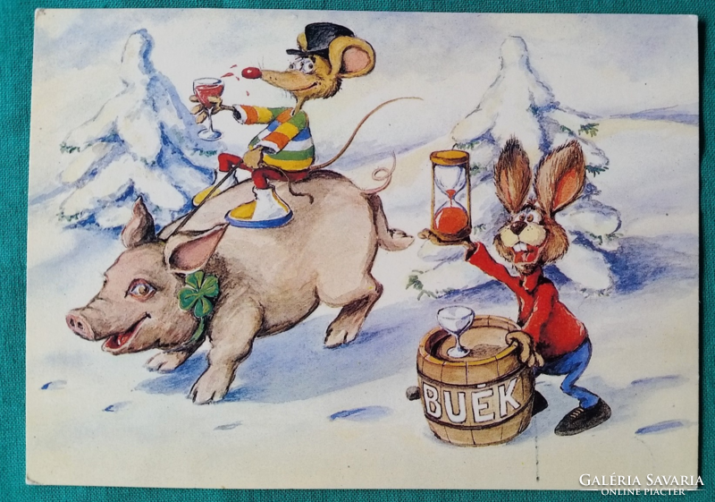 Karácsonyi üdvözlő képeslap, rajz: Hangya János