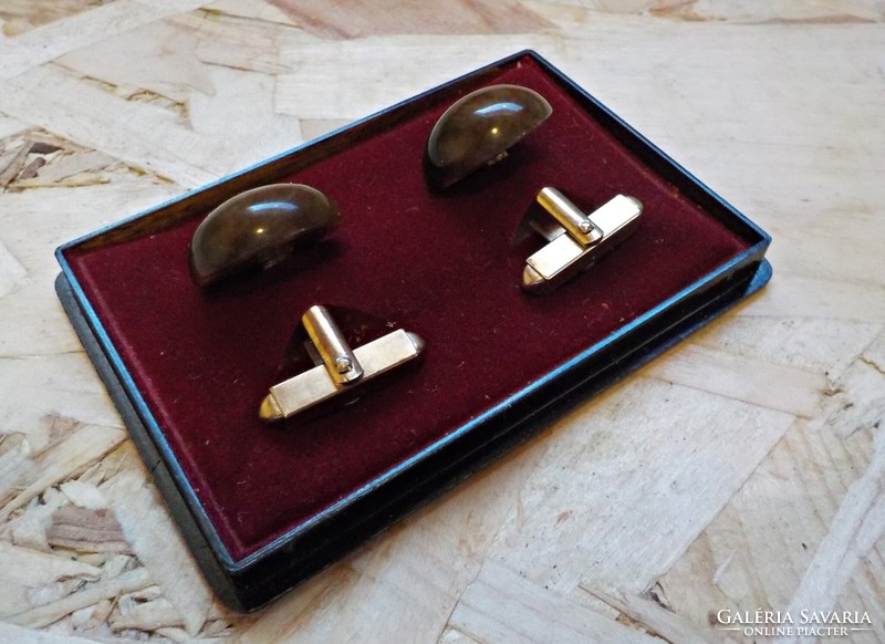 Gold-plated tiger's eye stone cufflinks in a box