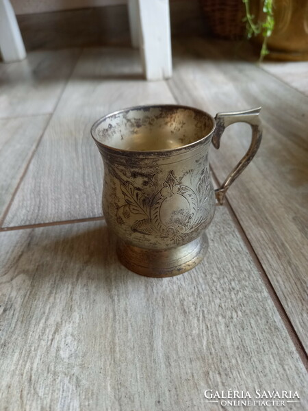 Szép régi ezüstözött füles pohár (9,5x10,8x7,5 cm)