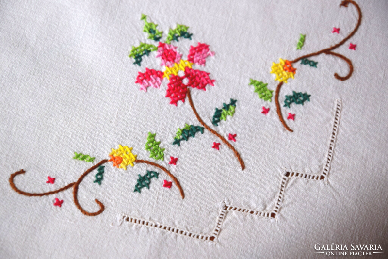 Antique Old Festive Cross Stitch Hand Embroidered Large Tablecloth Tablecloth Tablecloth Set of 6 Napkins
