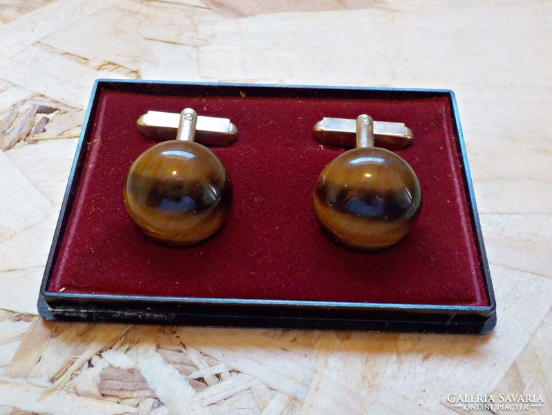Gold-plated tiger's eye stone cufflinks in a box