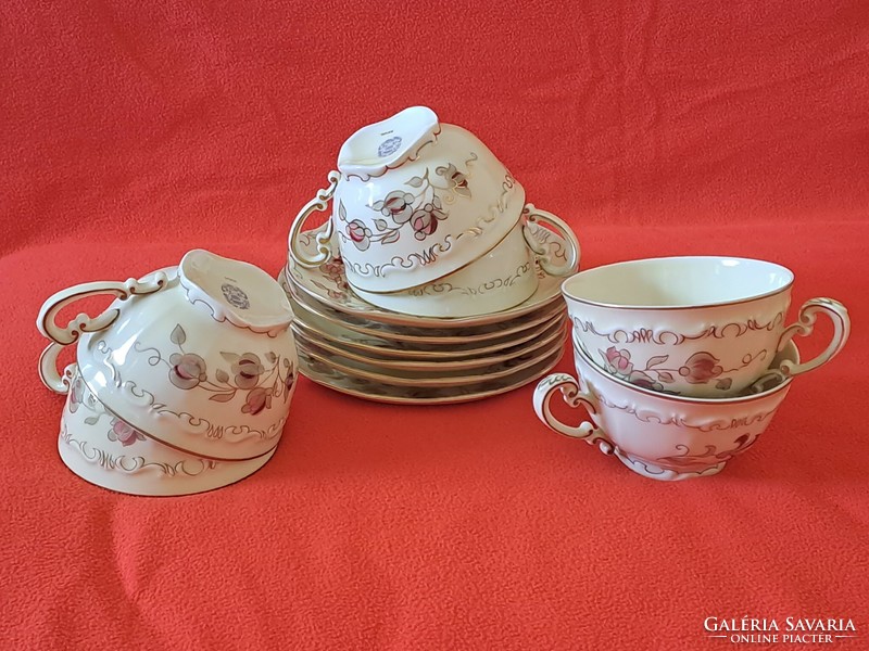 Flawless! 6 Pcs. Zsolnay, hand-painted, rare flower pattern tea cup + base
