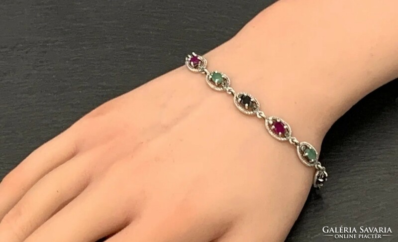 Ruby, emerald, sapphire, marcasite gemstone silver bracelet /925/ --new