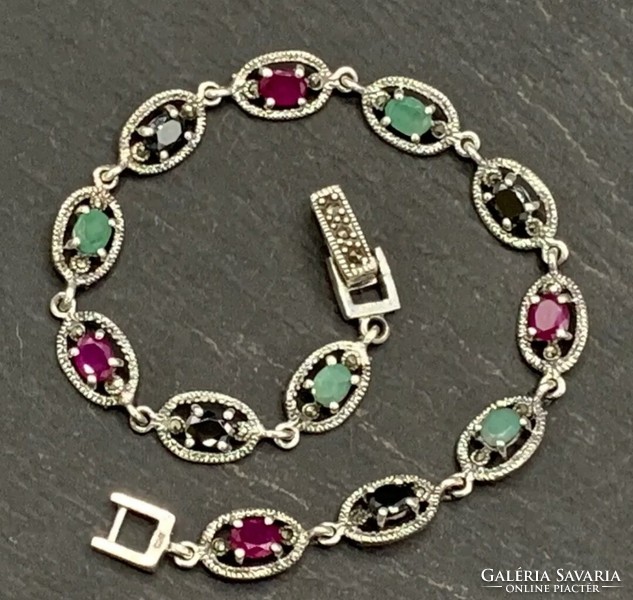 Rubin, smaragd, zafír, markazit drágaköves ezüst karkötő /925/ --új