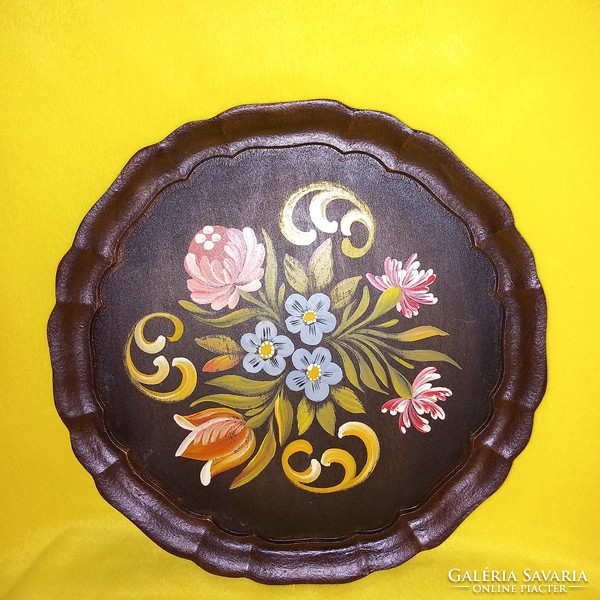 Hand-painted, round, wooden tray. Offer tray.