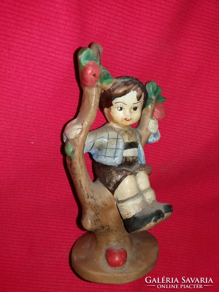 Antique marked Hungarian ceramic figurine hummel copy of a lad sitting on an apple tree 15 x 7 cm