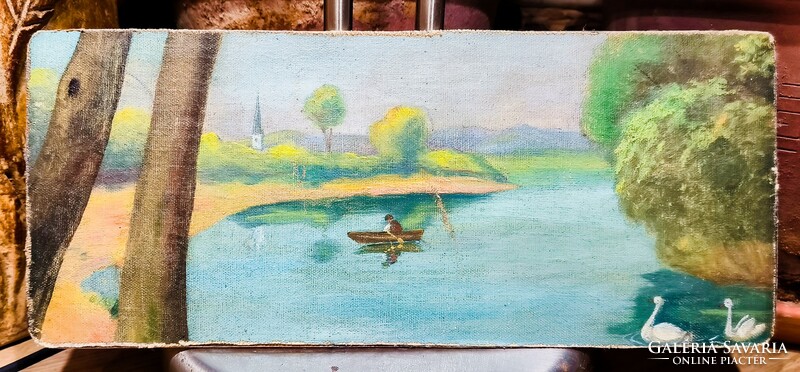 Antique painting, oil on canvas cardboard, 16 * 38 cm, unmarked