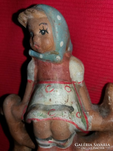 Antique Hungarian ceramic figurine after Hummel porcelain copy of a girl sitting on a fence 11 x 8 cm