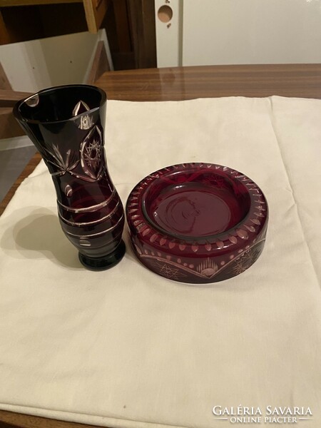 Burgundy cut crystal vase and ashtray