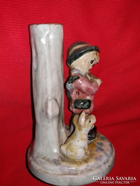 Old glazed ceramic figure table lamp Hummel style street musician with dog 16 x 10 cm