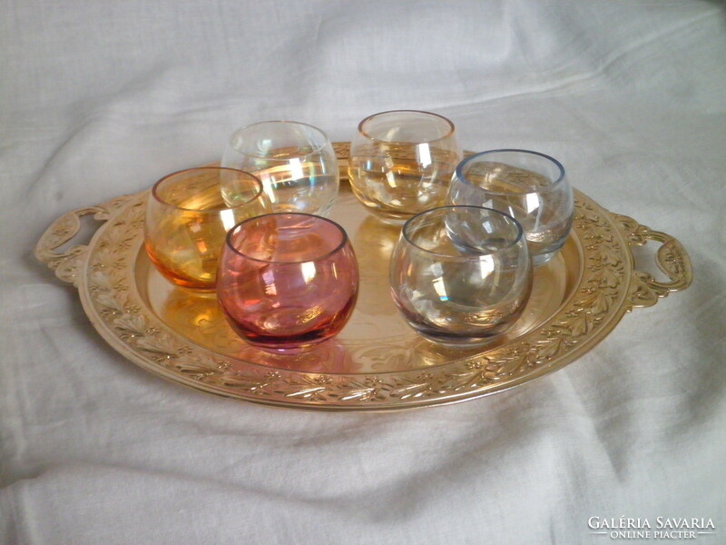 Retro colorful sphere brandy, liqueur glass set with aluminum tray