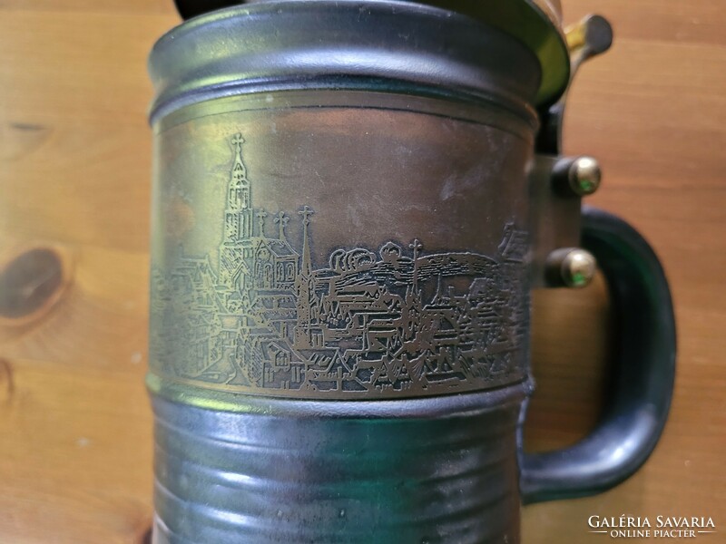 Ceramic cup with lid, copper engraving around a mug, beer cup.