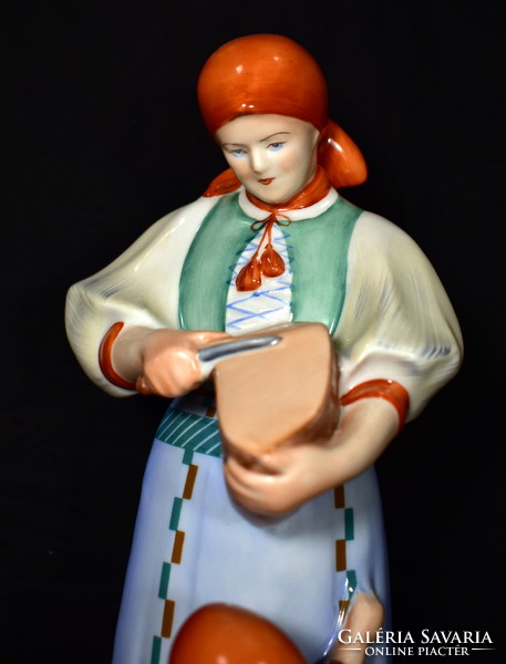 Zsolnay bread slicer with a little girl! Flawless porcelain statue!