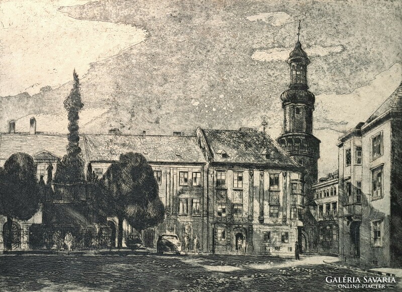 Rudolf Blahos: Sopron (etching) cityscape, street view with the fire tower
