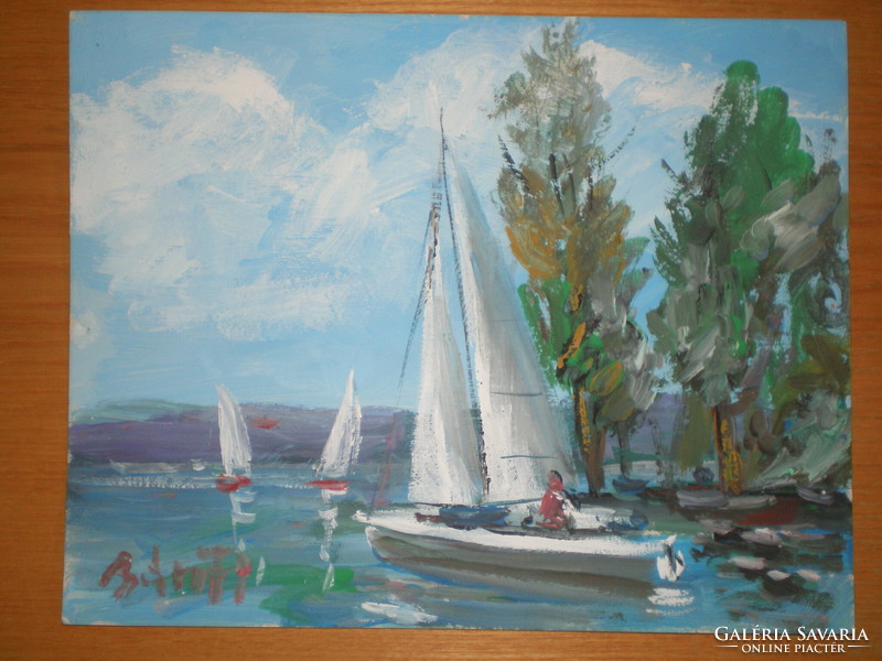 József Bánfi, , wonderful beautiful painting subject: balaton, sailboats