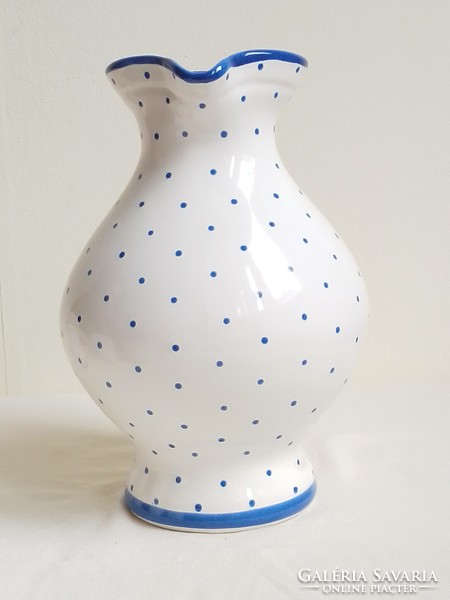 Old hand painted on white background blue polka dot ceramic drinking set jug pouring 6 glasses gmundner