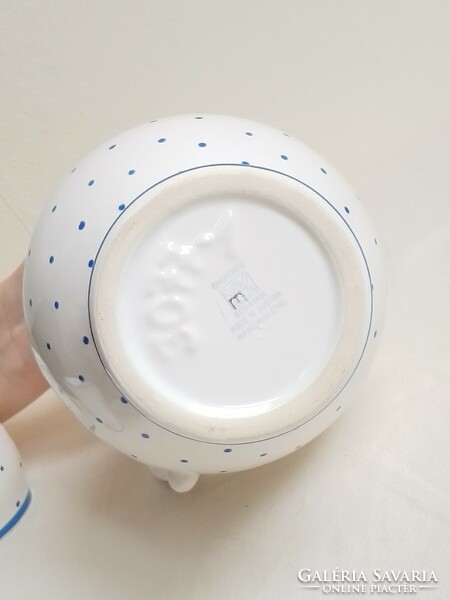 Old hand painted on white background blue polka dot ceramic drinking set jug pouring 6 glasses gmundner