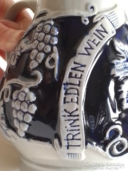 Cobalt blue gray glazed German earthenware stoneware (gersite) wine jug, grape leaf pattern German inscription