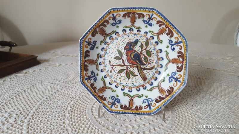 Hand-painted, marked octagonal porcelain bowl with birds