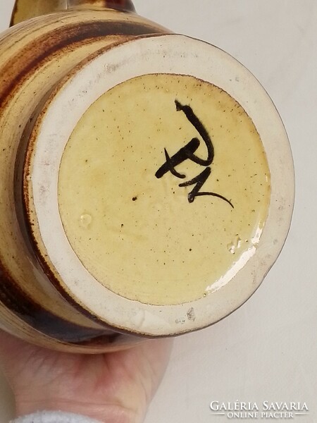 Old glazed craftsman earthenware ceramic jug with handle jug spout pn marked hand painting folk pattern