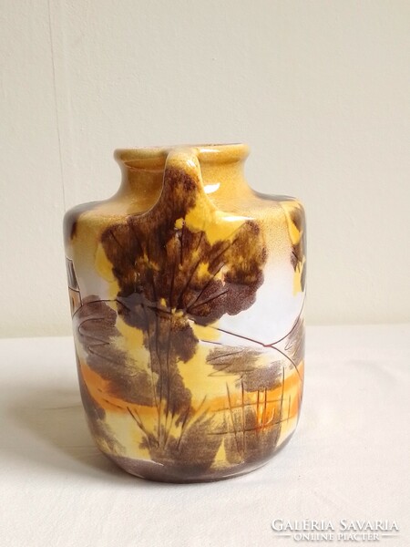 Régi art deco jellegű mázas kerámia váza, füles edény, formaszámmal jelzett 15 cm