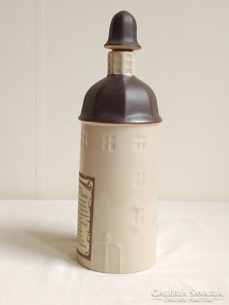Special, tower house-shaped glazed stoneware (or porcelain?) Drinking bottle, German, marked
