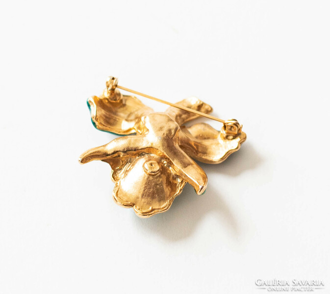 Gold-colored orchid brooch with enamel decoration - iris flower for necklace, brooch, pin