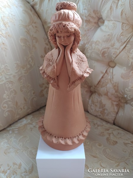 Fábián zoja.: Little girl with a shawl, terracotta statue, flawless, marked, 24 cm