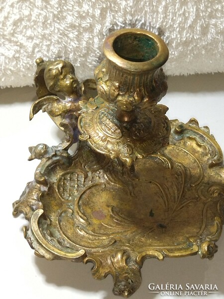 Beautiful angel pattern heavy copper antique candle holder from the 1900s