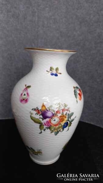 Herend basket weave vase with fruit and flower patterns, damaged