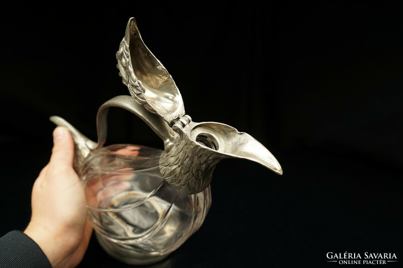 Mid century handmade Italian 95% pewter and glass pourer / retro jug / old jug / hen bird