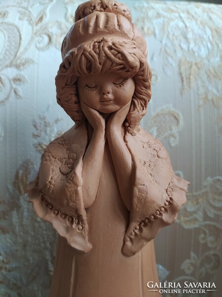Fábián zoja.: Little girl with a shawl, terracotta statue, flawless, marked, 24 cm