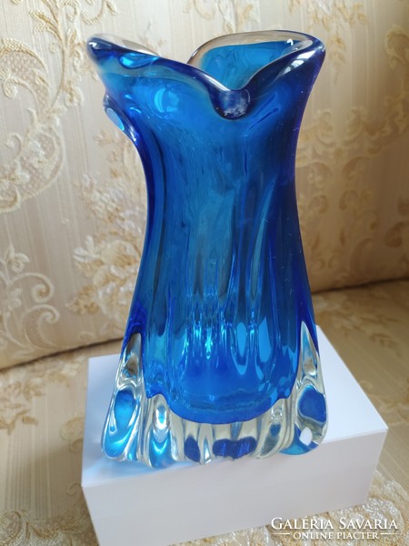 Asymmetric blue glass decorative vase, flawless, 24 cm