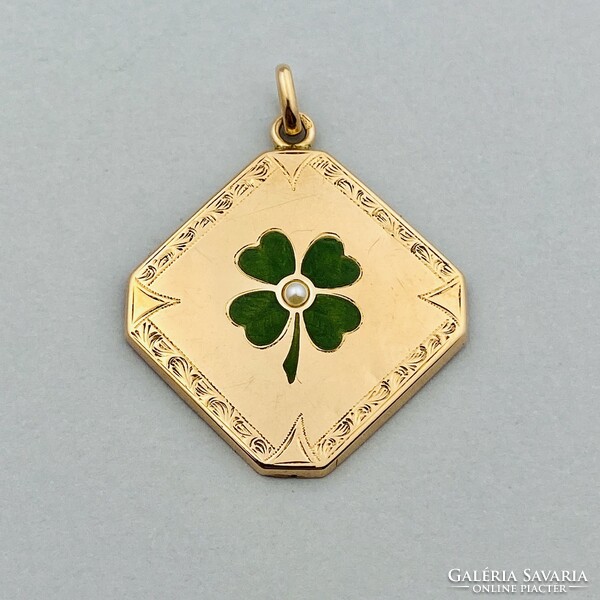 14K old gold clover pendant with enamel and pearls, c.1900