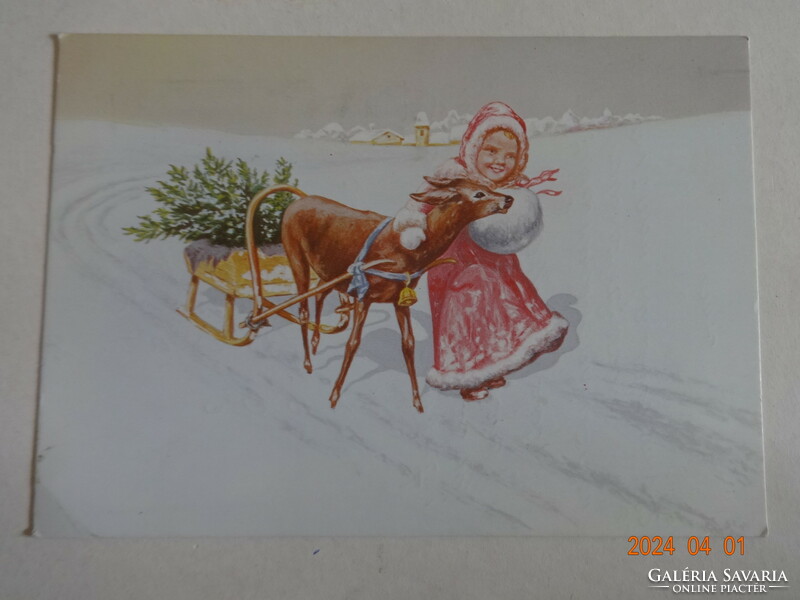 Old graphic Christmas card, drawing by Józsefné Hatvany